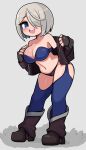  1girl absurdres angel_(kof) backless_pants blue_eyes boots bra breasts chaps cleavage crop_top cropped_jacket fingerless_gloves gloves hair_over_one_eye highres jacket jimafy large_breasts leather leather_jacket looking_at_viewer midriff navel panties pants short_hair smile snk solo strapless strapless_bra the_king_of_fighters the_king_of_fighters_2001 toned underwear white_hair 