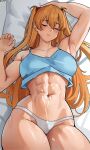  1girl abs absurdres armpits bed breasts closed_eyes cromwellb cum cum_on_body highres interface_headset large_breasts long_hair muscular muscular_female neon_genesis_evangelion orange_hair panties signature sleeping solo souryuu_asuka_langley tank_top toned twintails underwear 