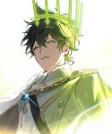  1boy black_clover black_hair buttons crown fur_trim green_eyes green_hair heterochromia highres jewelry male_focus multicolored_hair necklace parted_lips solo tsugutoku uniform yellow_eyes yuno_(black_clover) 