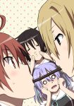  2boys 2girls =_= ahoge akiyanagi_takateru black_hair blonde_hair blush brown_eyes brown_hair closed_eyes food fujiwara_yumeji hair_ribbon hands_on_own_face kirishima_saki_(yumekui_merry) multiple_boys multiple_girls o_o open_mouth pitsuuta pocky pocky_kiss polka_dot polka_dot_background purple_hair red_eyes red_hair ribbon school_uniform shared_food short_hair sweatdrop tachibana_isana twintails yaoi yumekui_merry 