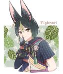  1boy 7loveet31 animal_ear_fluff animal_ears arm_behind_back asymmetrical_sleeves black_hair character_name earrings flower fox_boy fox_ears genshin_impact gloves green_eyes green_hair index_finger_raised jewelry leaf looking_at_viewer male_focus medal multicolored_hair simple_background single_earring solo tassel tighnari_(genshin_impact) upper_body 