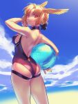  1girl 2022 artist_name ass ball bare_shoulders beachball blonde_hair blue_sky braid breasts closed_mouth cloud dated day fate/grand_order fate_(series) head_wings highres holding holding_ball looking_at_viewer medium_breasts one-piece_swimsuit outdoors purple_one-piece_swimsuit red_eyes rindr_(fate) short_hair sky solo standing swimsuit valkyrie_(fate) wings yuccoshi 