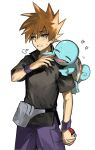  1boy bag black_shirt blue_oak brown_eyes closed_eyes heart highres holding holding_poke_ball kase_(tak0_was4bi) male_focus on_shoulder open_mouth orange_hair poke_ball poke_ball_(basic) pokemon pokemon_(creature) pokemon_frlg pokemon_on_shoulder puff_of_air shirt short_sleeves simple_background spiked_hair squirtle white_background 