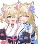  2girls :3 :d animal_ear_fluff animal_ears animal_hands blonde_hair blue_eyes blue_hair blue_kimono dog_ears dog_girl dog_paws fangs floral_print_kimono flower fuwawa_abyssgard fuwawa_abyssgard_(new_year) hair_flower hair_ornament highres hololive hololive_english japanese_clothes kimono male_focus mococo_abyssgard mococo_abyssgard_(new_year) multicolored_hair multiple_girls official_alternate_costume pink_eyes pink_hair pink_kimono ponytail sabamiso_(tomomon021831) siblings sisters skin_fangs sleeveless sleeveless_kimono smile streaked_hair twins twintails virtual_youtuber 