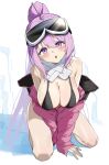  1girl bikini black_bikini blue_archive blush breasts cleavage deatheach eimi_(blue_archive) eimi_(swimsuit)_(blue_archive) fours goggles goggles_on_head highres jacket large_breasts long_hair long_sleeves looking_at_viewer open_mouth padded_jacket pink_eyes ponytail scarf simple_background ski_goggles sleeves_past_wrists solo swimsuit white_scarf 