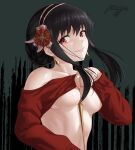  1girl bangs bare_shoulders between_breasts black_hair blush breasts chernyyvo closed_mouth clothes_lift earrings hair_ornament hairband highres jewelry large_breasts long_sleeves looking_at_viewer medium_hair no_bra off_shoulder red_eyes red_shirt shirt shirt_lift smile solo spy_x_family upper_body yor_briar 