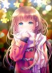 1girl blue_eyes blurry blurry_background blush bokeh breath brown_hair coat covered_mouth depth_of_field duffel_coat green_eyes layered_sleeves long_hair long_sleeves looking_at_viewer multicolored_eyes original plastic_moon scarf solo upper_body very_long_hair 