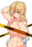  1girl abs arm_behind_head armpits blonde_hair blush breasts censored collarbone english_text hair_between_eyes highres kaitou_reiko large_breasts long_hair looking_to_the_side muscular muscular_female navel original oteruko_(wanabeee) out-of-frame_censoring scar scar_on_arm scar_on_chest scar_on_stomach shirt solo tape_censor toned unworn_shirt white_background white_shirt 