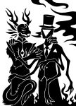 2015 2_horns 3_claws 3_eyes 3_fingers 5_claws 5_fingers 6_arms anthro antlers arm_tuft arms_around_shoulders biped black_and_white bone breath_powers button_(fastener) chest_eye claws clothing deity digital_drawing_(artwork) digital_media_(artwork) dress_shirt duo elbow_tuft faceless fangs finger_claws fingers fire fur fur_tuft hair handkerchief hat he_who_walks_beneath_dreams headgear headwear hi_res horn humanoid kerchief looking_at_another male mammal monochrome multi_arm multi_eye multi_limb necktie pangloss_(scp_foundation) scp_foundation shirt shoulder_tuft silhouette simple_background skull skull_head standing suit sunnyclockwork tail tail_tuft teeth top_hat topwear triangle_(shape) tuft unknown_species white_background
