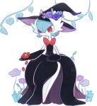  alternate_color blue_hair closed_mouth colored_skin commentary flower gardevoir hat hat_flower highres leaf mega_gardevoir momoniku100 plant pokemon pokemon_(creature) purple_flower red_eyes red_flower shiny_pokemon standing symbol-only_commentary vines white_background white_skin witch_hat 