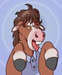 abstract_background anthro blueballs brown_body brown_fur brown_hair clothing equid equine eyewear fur glasses hair hooves horse implied_transformation intelligence_drain intelligence_loss male mammal polo_shirt shirt solo spiral_background spiral_eyes tongue tongue_out topwear