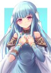  1girl aqua_background aqua_dress aqua_hair bare_shoulders blush border closed_mouth detached_sleeves dress fire_emblem fire_emblem:_the_blazing_blade highres long_hair looking_at_viewer minamonochaba ninian_(fire_emblem) outside_border red_eyes smile solo upper_body white_border 