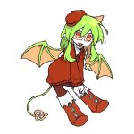  1girl beret birdweon boots colored_skin cross cross_necklace demon demon_girl demon_horns demon_tail demon_wings funamusea green_wings haiiro_teien hat highres horns jewelry necklace open_mouth orange_horns pointy_ears red_eyes red_footwear red_sweater solo sweater tail white_background white_skin wings yosafire_(haiiro_teien) 