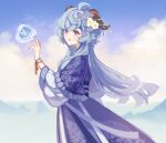  1girl absurdres ahoge bangs blue_hair blush bug butterfly chinese_clothes cloud cloudy_sky flower ganyu_(genshin_impact) genshin_impact hair_flower hair_ornament hanfu highres horns light_smile long_hair looking_at_viewer low_ponytail orb parted_lips purple_eyes qilin_(mythology) qingxin_flower ria_(yfvv_ria) robe sidelocks sky solo white_flower 