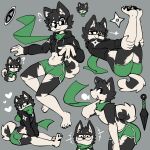 anthro baronflint bottomwear canid canine clothing crop_hoodie crop_top eyewear glasses gyero_(baronflint) hoodie hotpants kunai male mammal model_sheet multiple_poses pose ranged_weapon scarf shirt shorts shuriken simple_background sitting solo topwear weapon