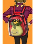  1boy backpack bag black_pants brassius_(pokemon) green_hair highres in_bag in_container leunkon long_sleeves male_focus orange_background pants pokemon pokemon_(creature) pokemon_sv red_bag red_shirt shirt simple_background smoliv wavy_mouth 
