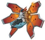  blue_eyes fire flying gifer_art highres joints mecha mecha_focus mechanical_wings mechanization no_humans non-humanoid_robot pokemon pokemon_(creature) robot robot_joints science_fiction simple_background volcarona white_background wings 