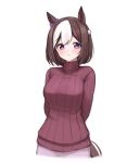  1girl alternate_costume animal_ears arms_behind_back breasts brown_hair casual highres horse_ears horse_girl horse_tail katuko_deluxe looking_at_viewer medium_breasts multicolored_hair purple_eyes purple_sweater ribbed_sweater short_hair simple_background solo special_week_(umamusume) sweater tail two-tone_hair umamusume white_background white_hair 