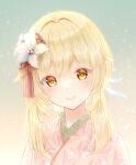  1girl blonde_hair blush genshin_impact hair_ornament head_tilt highres japanese_clothes kanzashi kimono led_awaame looking_at_viewer lumine_(genshin_impact) short_hair_with_long_locks smile solo yellow_eyes 