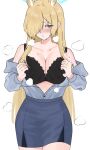  1girl animal_ear_fluff animal_ears black_bra black_pantyhose blonde_hair blue_archive blue_eyes blue_halo blue_shirt blue_skirt blush bra breasts cleavage collarbone cowboy_shot hair_over_one_eye halo highres kanna_(blue_archive) large_breasts long_hair long_sleeves open_mouth pantyhose shirt simple_background skirt solo tsumayouji_(tumayog) underwear white_background 