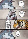  absurd_res anthro canid canine canis comic duo english_text felid hi_res jacketbear male mammal pantherine simple_background speech_bubble text tiger translated wolf 