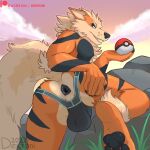  anthro anus arcanine balls balls_outline black_anus bulge butt canid canine clothing cloud deeroni fangs feet fur genital_outline genitals hi_res jockstrap looking_at_viewer looking_back looking_back_at_viewer male mammal mostly_nude nintendo orange_body orange_fur outside pawpads paws pok&eacute;ball pok&eacute;mon pok&eacute;mon_(species) presenting presenting_hindquarters sky solo spread_butt spreading stripes underwear video_games 