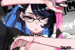  1girl black-framed_eyewear black_hair blue_hair choker close-up glasses highres indie_virtual_youtuber kson multicolored_hair purple_eyes short_hair sketch solo souchou sword tngkbmarlonqt two-tone_hair virtual_youtuber weapon 