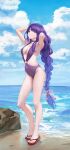  1girl absurdres armpits arms_up bangs beach blue_sky blunt_bangs braid braided_ponytail breasts choker cloud cloudy_sky day error feet flip-flops foreshortening full_body genshin_impact hair_ornament highres hiki_niito horizon large_breasts legs long_hair looking_at_viewer mole mole_under_eye o-ring o-ring_swimsuit ocean one-piece_swimsuit outdoors parted_lips purple_eyes purple_hair purple_swimsuit raiden_shogun sandals sky standing swimsuit thighs toes very_long_hair water wet wrong_feet 