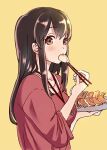  1girl akagi_(kancolle) blush brown_eyes brown_hair casual chopsticks commentary_request dumpling food food_in_mouth from_side holding holding_chopsticks holding_food jewelry jiaozi kantai_collection long_hair looking_at_viewer looking_to_the_side necklace official_alternate_costume otabe_sakura red_shirt shirt simple_background solo straight_hair upper_body yellow_background 