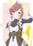  1girl absurdres animal_ears blue_shirt brown_hair closed_mouth cowlick fire_emblem fire_emblem_heroes frilled_sleeves frills glowing_tail gold_trim grey_eyes highres ikonaska leather_belt ratatoskr_(fire_emblem) shirt solo squirrel_ears squirrel_girl 