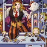  1boy absurdres action_figure basket bat_(animal) bkqoysswsahsgtc blonde_hair blush brown_vest candy food ghost halloween highres holding holding_basket kimetsu_no_yaiba long_hair male_focus manga_(object) multicolored_hair necktie open_mouth pants pumpkin red_hair red_necktie rengoku_kyoujurou shirt smile striped striped_pants stuffed_toy table teeth two-tone_hair upper_teeth_only vest white_shirt window wrapped_candy 