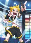  1boy absurdres aqua_eyes artist_name belt blonde_hair blue_eyes blush concert detached_sleeves hair_ornament hairclip highres holding holding_microphone kagamine_len male_focus microphone navel necktie open_mouth shirt short_hair shorts signature smile solo stage teeth upper_teeth_only vocaloid yellow_belt zumi_mimimi 