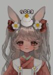  1girl 2023 :3 animal_ears apron chinese_zodiac closed_mouth commentary flower food food_on_head hair_flower hair_ornament highres japanese_clothes kagami_mochi kimono long_hair looking_at_viewer object_on_head original rabbit_ears red_eyes red_kimono shiona_(siona0625) solo straight-on two_side_up upper_body white_apron white_flower year_of_the_rabbit 