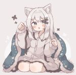  1girl animal_ears blanket brown_eyes cat cat_ears cat_girl colon_br full_body highres kneeling long_hair negligee open_mouth original solo white_background 