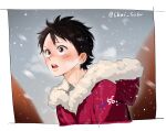  1boy black_hair coat fur_coat fur_trim highres lkei_susu male_focus monkey_d._luffy one_piece open_mouth scar scar_on_cheek scar_on_face short_hair snow snowing teeth winter winter_clothes winter_coat 