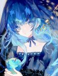  1girl apple blue_apple blue_eyes blue_hair collarbone colored_skin dress food fruit holding holding_food holding_fruit juexing_(moemoe3345) long_hair looking_at_viewer neck_ribbon open_mouth original ribbon solo watermark white_skin 