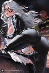  1girl ass black_bodysuit black_cat_(marvel) blue_eyes blush bodysuit breasts domino_mask enma_(enmanuelart) highres large_breasts long_hair looking_at_viewer looking_back marvel mask parted_bangs parted_lips smile solo spider-man_(series) white_hair 