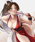  1girl arm_guards bare_shoulders breasts brown_hair cleavage collarbone cowboy_shot fatal_fury hand_fan high_ponytail highres holding holding_fan ivuki japanese_clothes looking_at_viewer pelvic_curtain revealing_clothes shiranui_mai smile snk solo the_king_of_fighters thighs twitter_username 