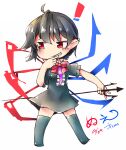  1girl asymmetrical_wings black_dress black_hairband black_thighhighs blue_wings bow bowtie center_frills chibi dress frills full_body hairband holding_trident houjuu_nue kibayashi_kimori no_shoes one-hour_drawing_challenge open_mouth pointy_ears red_bow red_bowtie red_eyes red_wings short_dress simple_background solo standing teeth thighhighs touhou white_background wings 
