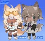  2girls ahoge animal_ear_fluff animal_ears animal_hands black_hanbok black_leg_warmers black_pantyhose blue_background blue_leotard blue_ribbon boots brown_gloves brown_hair brown_skirt chest_harness chibi chow_chow colored_tongue dark-skinned_female dark_skin dog_ears dog_girl dog_tail ear_ribbon english_commentary facing_viewer fang full_body fur-trimmed_footwear fur-trimmed_skirt fur_collar fur_trim gloves gradient_background green_eyes grey_eyes grey_footwear grey_skirt hair_between_eyes hair_ornament hair_over_eyes hairpin hanbok hand_on_own_hip harness korean_clothes lapithai leotard long_sleeves looking_at_viewer low_twintails medium_hair multiple_girls open_mouth original pantyhose partially_fingerless_gloves paw_gloves piercing pigeon-toed purple_tongue ribbon short_eyebrows simple_background skirt snowing solo standing tail tongue tongue_out tongue_piercing twintails two_side_up v 