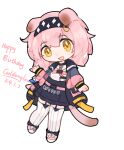  1girl :d animal_ears arknights black_hairband black_jacket black_skirt blue_jacket cat_ears cat_girl cat_tail character_name chibi dated floppy_ears garter_straps goldenglow_(arknights) hairband happy_birthday high-waist_skirt highres id_card jacket lanyard lightning_bolt_print long_sleeves looking_at_viewer multicolored_clothes multicolored_jacket open_clothes open_jacket open_mouth pink_footwear pink_hair pink_jacket print_hairband shirt shirt_tucked_in simple_background skirt smile solo tail thighhighs user_dnhk8575 white_background white_shirt white_thighhighs yellow_eyes 