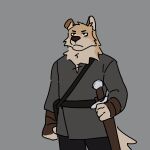 3000vnd anthro belt canid canine canis clothing domestic_dog floppy_ears fur hi_res in_case_of_emergency kieran male mammal medieval melee_weapon multicolored_body multicolored_fur solo sword two_tone_body two_tone_fur visual_novel weapon