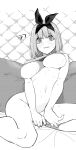  bra bra_peek breasts clothes_hanger coat_partially_removed confused eyebrows_hidden_by_hair go-toubun_no_hanayome green_ribbon greyscale hair_ribbon highres kckcdkkn large_breasts messy_room monochrome nakano_yotsuba orange_hair quintuplets ribbon solo sweater_vest underwear visible_air 