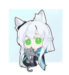  1girl :3 animal animal_ear_fluff animal_ears arknights black_cape blue_gloves bright_pupils cape cat cat_ears cat_girl clothes_writing earpiece gloves green_eyes grey_hair highres holding holding_animal holding_cat long_hair looking_at_viewer rosmontis_(arknights) simple_background smile solo split_mouth user_dnhk8575 white_pupils 