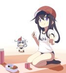  2girls akatsuki_(kancolle) alternate_costume black_hair black_socks blue_buruma buruma food full_body gym_shirt gym_uniform hellpart hibiki_(kancolle) kantai_collection long_hair multiple_girls name_tag onigiri purple_eyes red_headwear seiza shirt simple_background sitting socks t-shirt thermos ultra_beam white_background white_shirt 