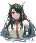  1girl arknights bare_shoulders black_hair breasts china_dress chinese_clothes cleavage_cutout clothing_cutout dragon_girl dragon_horns dress dusk_(arknights) earrings hair_over_one_eye highres horns jewelry lolifreak long_hair medium_breasts necktie one_eye_covered parted_lips pointy_ears red_eyes red_necktie sidelocks simple_background solo tassel tassel_earrings upper_body white_background white_dress 