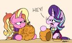 blonde_hair bobthedalek clothing dialogue english_text equid equine food friendship_is_magic fruit fur hair hasbro hi_res horn luster_dawn_(mlp) mammal my_little_pony pink_body pink_fur plant pumpkin pumpkin_carving purple_hair starlight_glimmer_(mlp) sweater text topwear unicorn