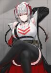 1girl absurdres ahoge alternate_breast_size antennae arknights arm_up black_choker black_jacket black_legwear black_shorts breasts choker cleavage crossed_legs demon_horns eyebrows_visible_through_hair feet_out_of_frame grey_background grey_hair hair_between_eyes hair_bun highres horns jacket kanta_(kanta_077) large_breasts official_alternate_costume open_clothes open_jacket parted_lips red_eyes shorts sidelocks sitting solo tank_top thighhighs w_(arknights) white_tank_top 