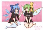  2girls between_legs black_shirt blue_eyes blue_hair bow cirno commentary_request commission daiyousei fairy_wings green_hair hair_bow hand_between_legs highres ice ice_wings medium_hair multiple_girls off-shoulder_shirt off_shoulder ponytail shirt shitacemayo sidelocks sitting skeb_commission t-shirt thighhighs touhou twitter_username white_thighhighs wings yokozuwari 