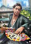  1boy anniversary banned_artist blue_sky celebration cherry_blossoms city cityscape clenched_teeth eyepatch facial_hair gold_necklace hand_fan irezumi japanese_clothes jewelry k96 kimono majima_gorou male_focus necklace official_art one-eyed ryuu_ga_gotoku ryuu_ga_gotoku_online shrine sky smile tattoo teeth 